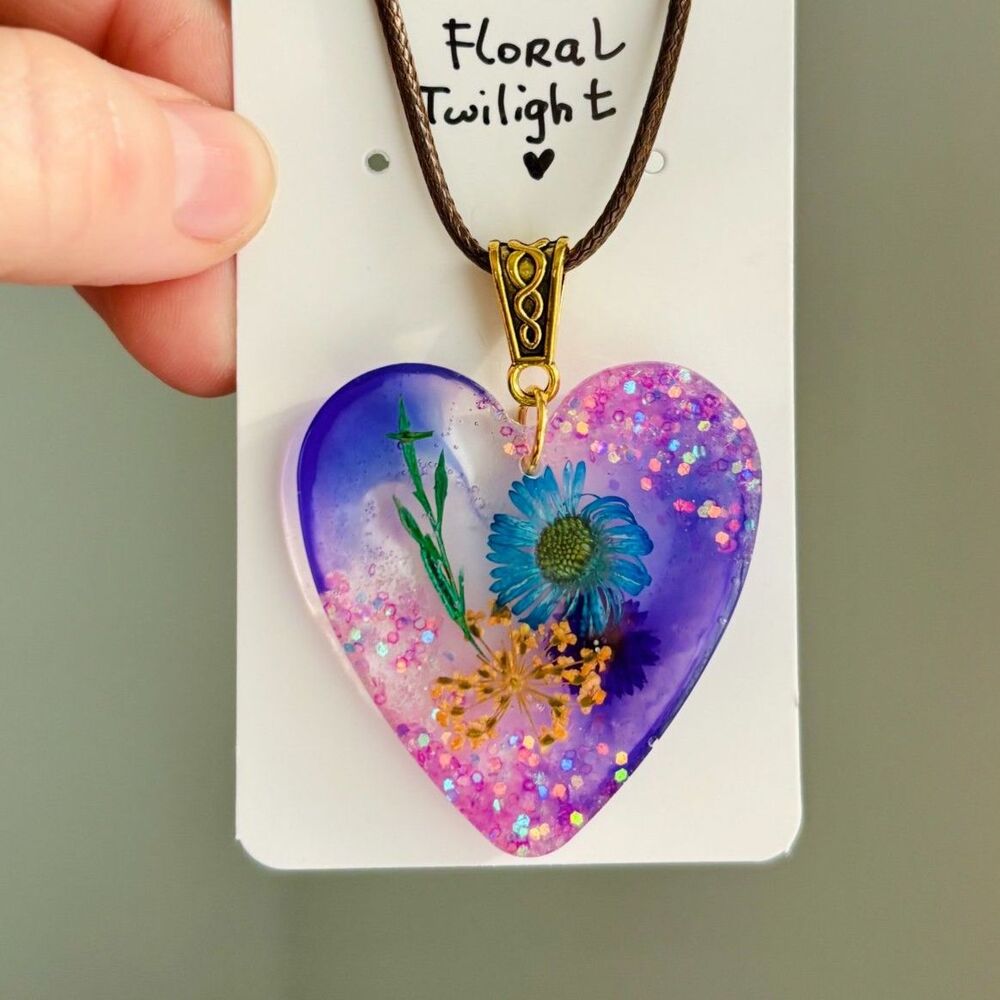 Purple Floral Heart Resin Pendant with Real Flowers, Botanical Necklace, Gift